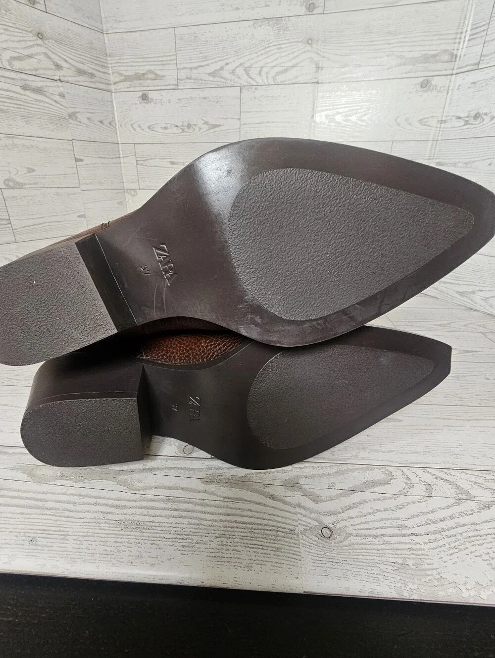 NWT ZARA Brown Pebbled Leather Western Cowboy Boots Women's 6.5 EUR 37